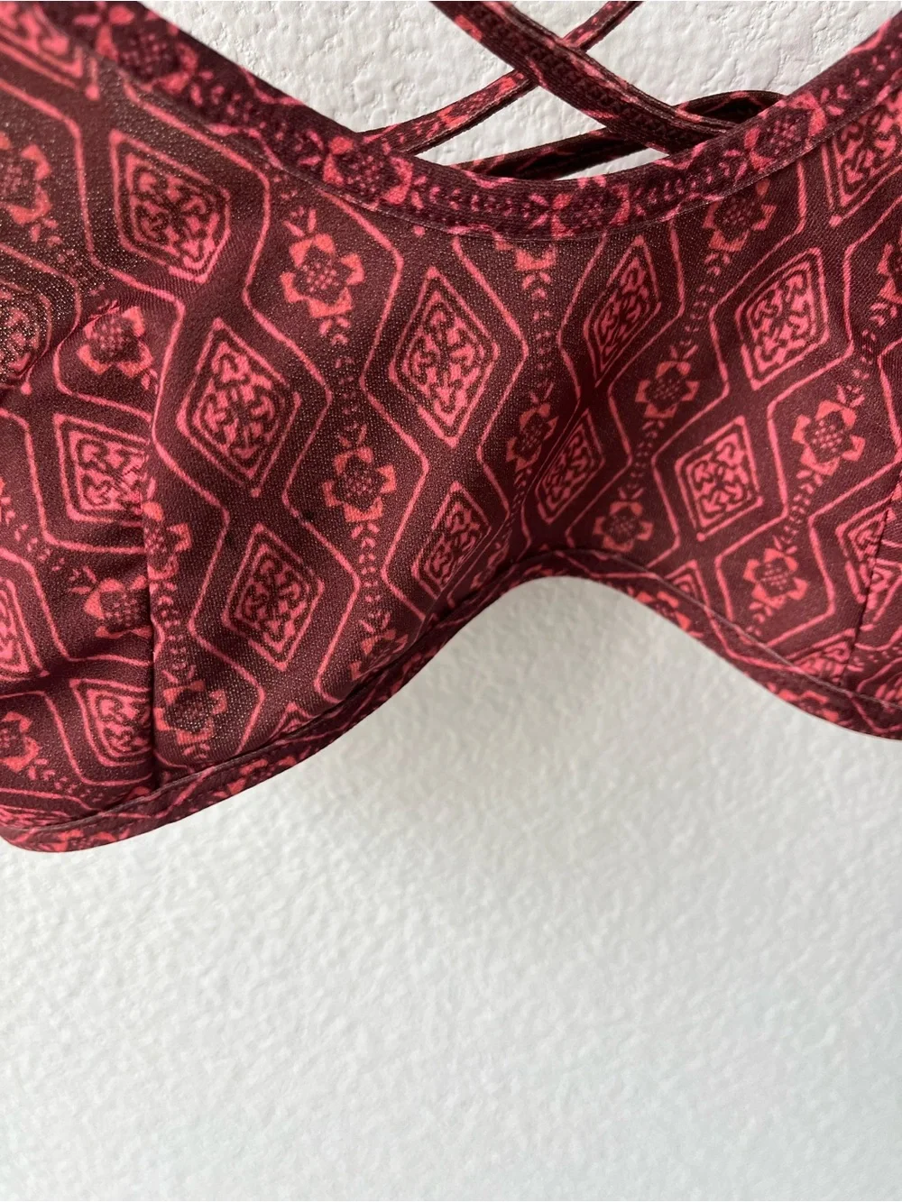 Red Batik geometric bralette, criss-cross straps, Free People, Intimately